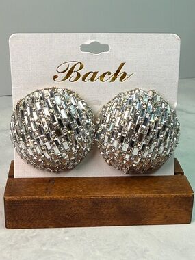 🚨3 for $15🚨 Bach Rhinestone Disco Ball Clip On Earrings Oversized Silver Tone